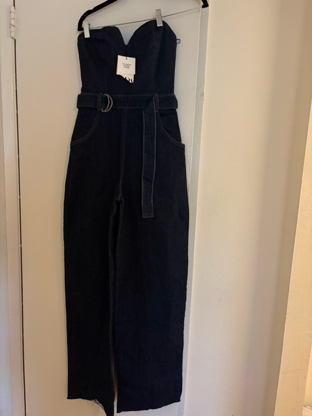 Zara Dark Wash Denim Strapless Jumpsuit with Belt